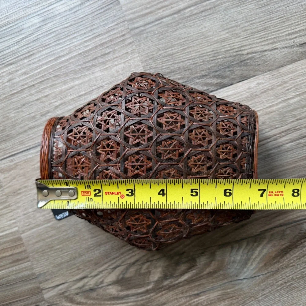 Vintage Woven Bamboo Star Weave Basket Vase Wall Hanging Pocket Brown 7in